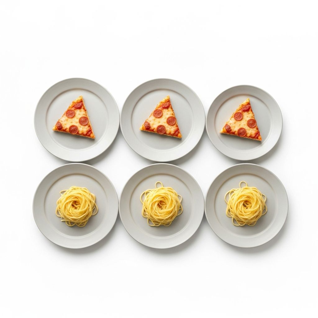 Multiple ceramic plates of different sizes with identical food portions