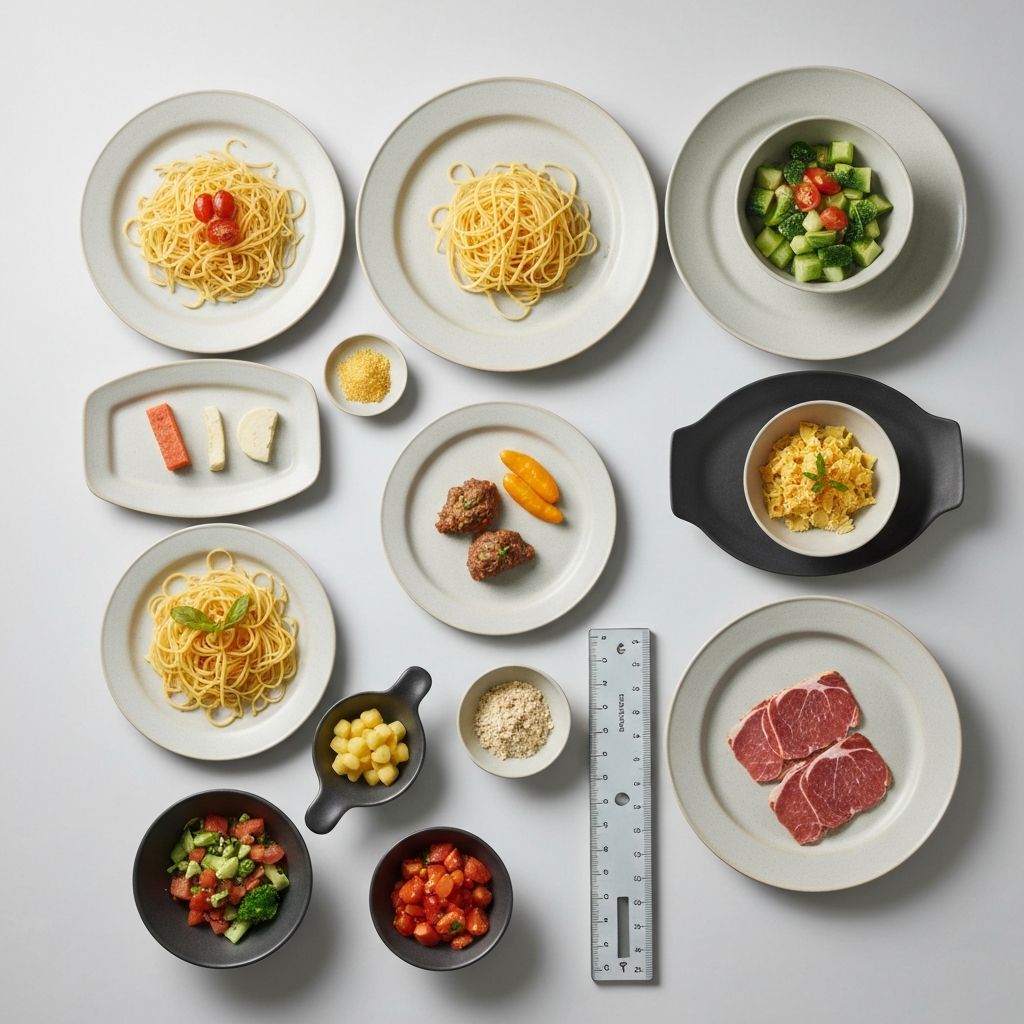 Multiple ceramic plates and bowls with measured food portions